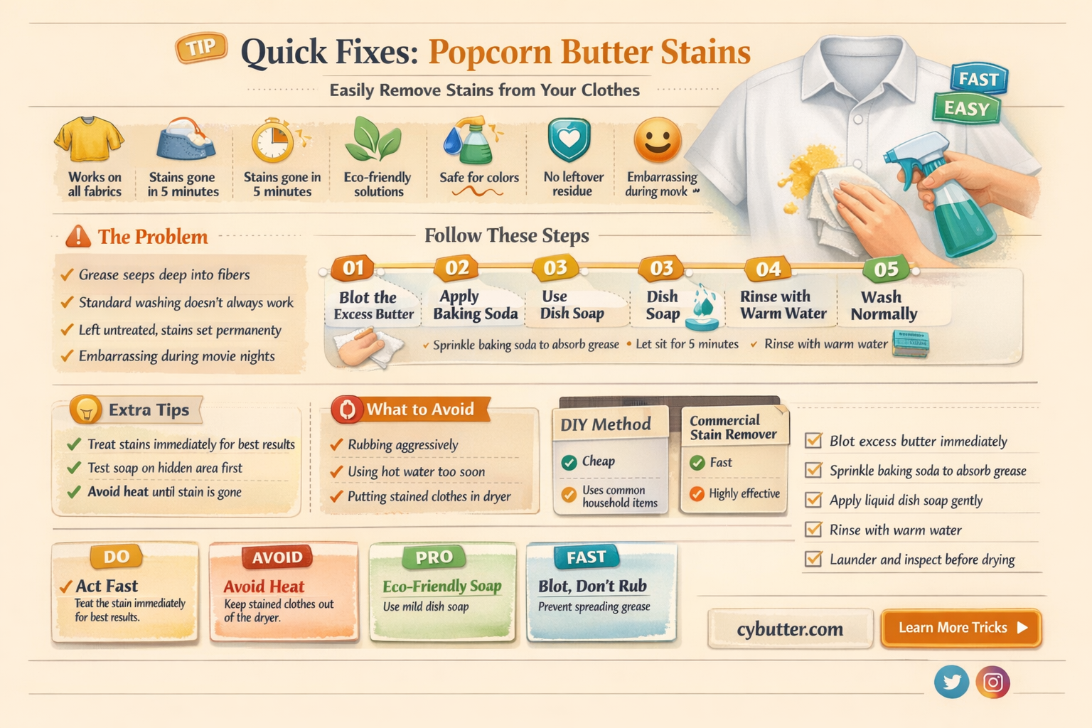 how do you get popcorn butter out of clothes