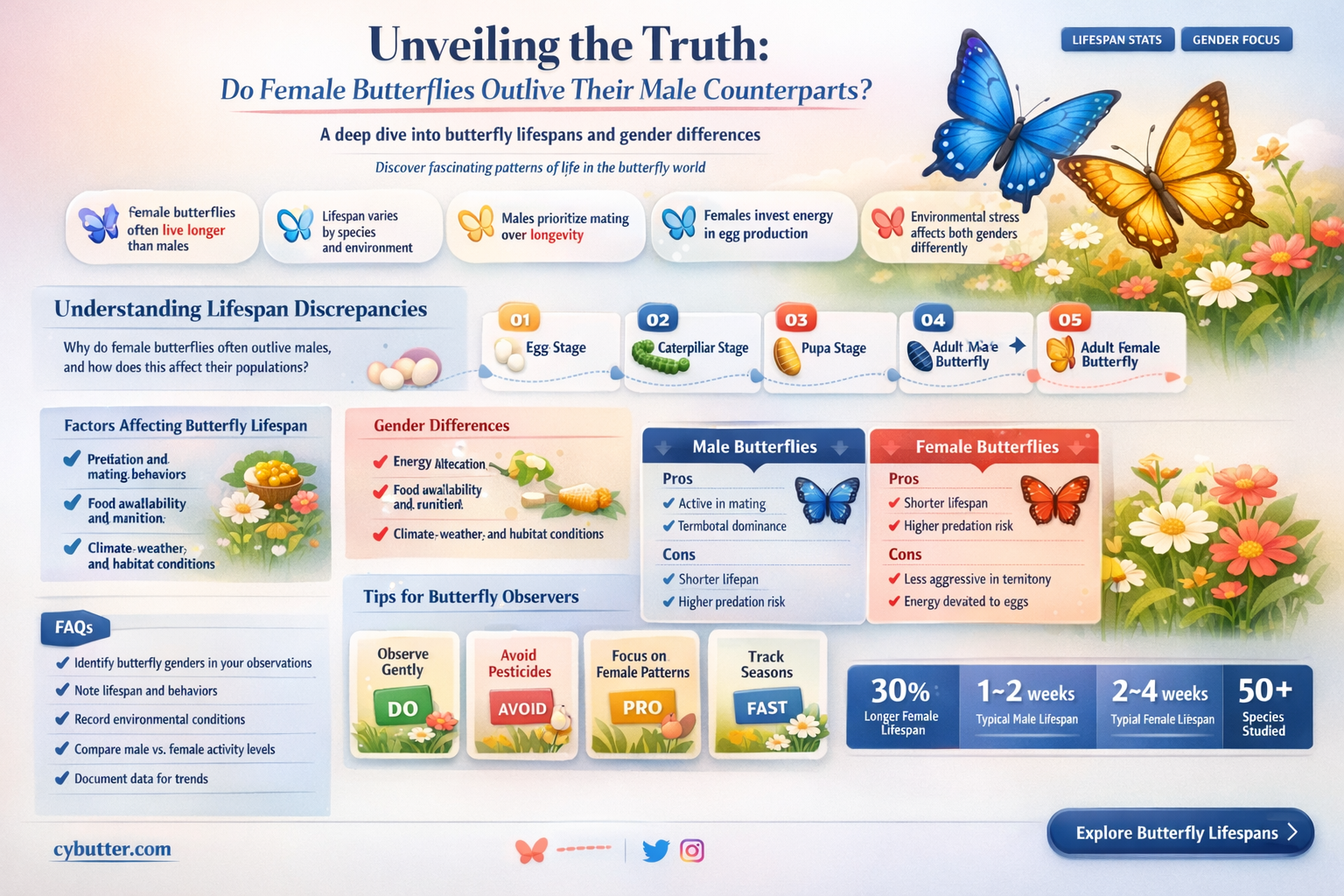 does a female butter fly live longer