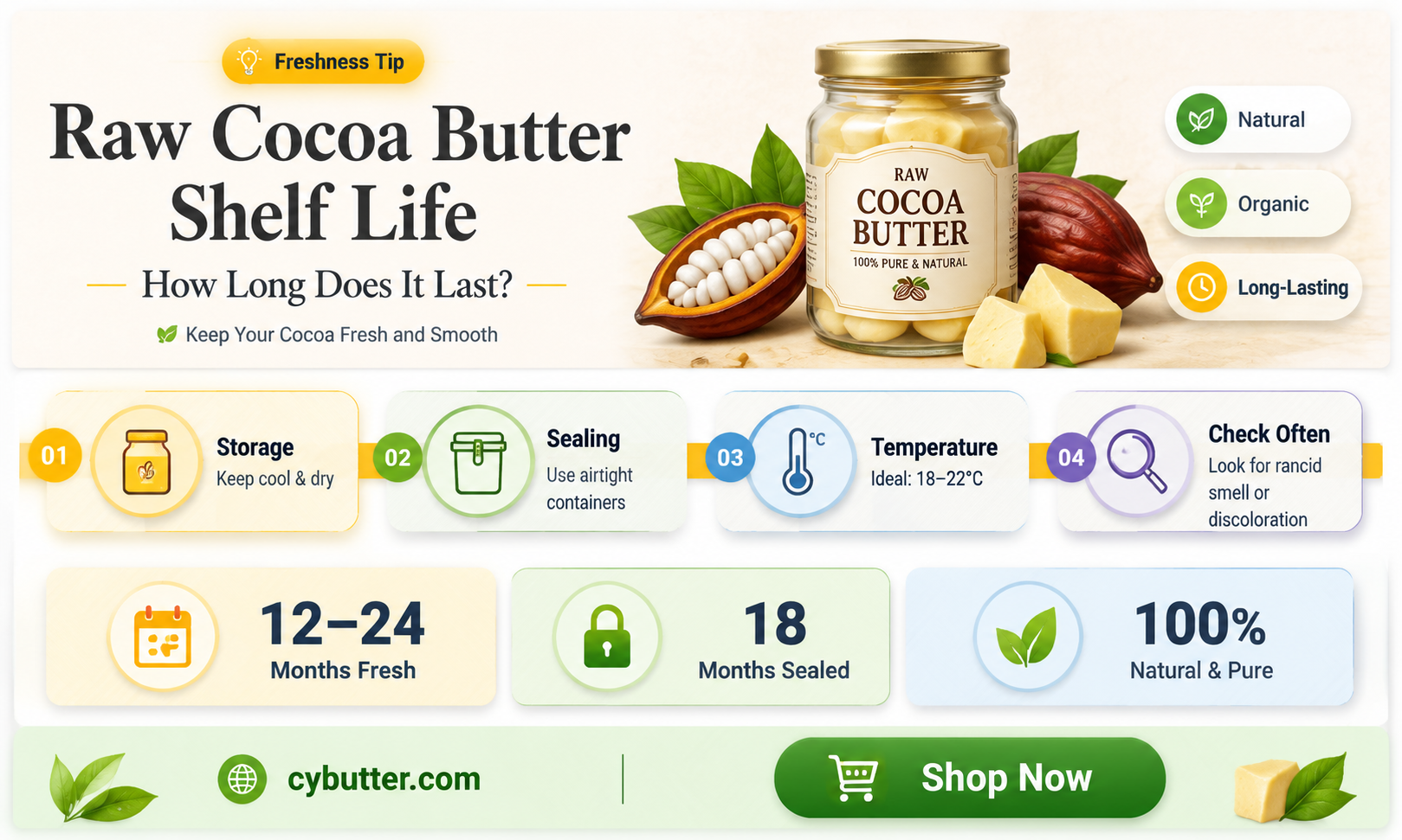 how long is raw unrefined cocoa butter good for